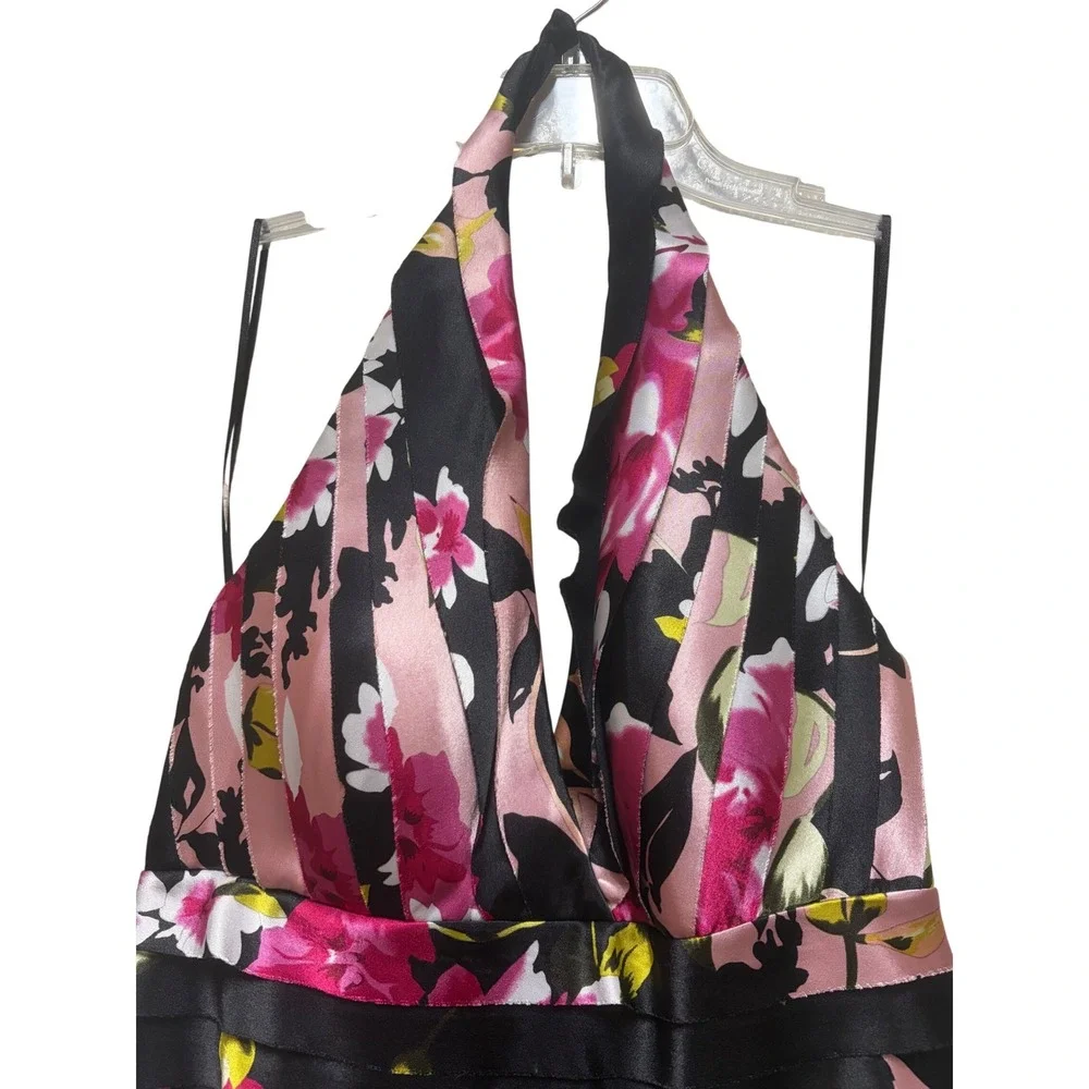 JS Collections Petite Floral Striped Halter Tiered Cocktail Dress Pink Black 4P
